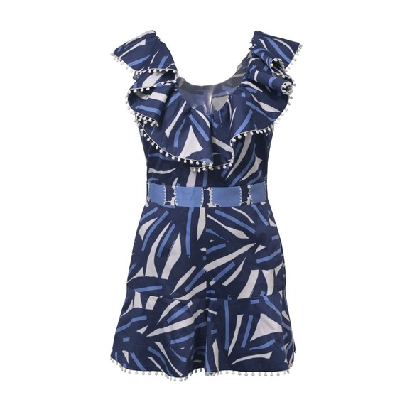 Alexis Romper XS Blue White Print Ruffle Trim Pom Pom Belted One Piece Summer - Picture 1 of 11
